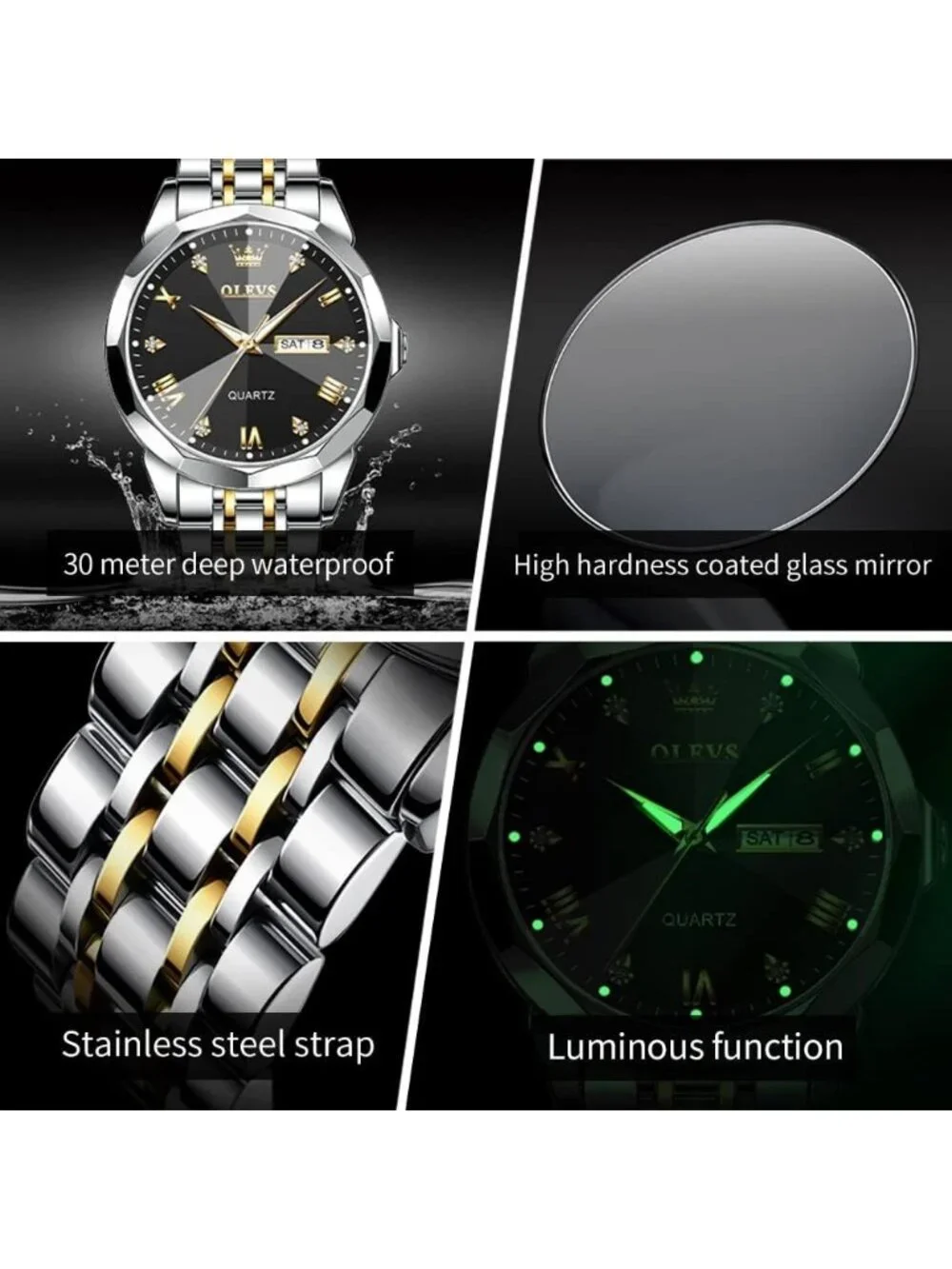 Men's Black Gold Diamond Analog Quartz Waterproof Silver Luminous Classic Watch